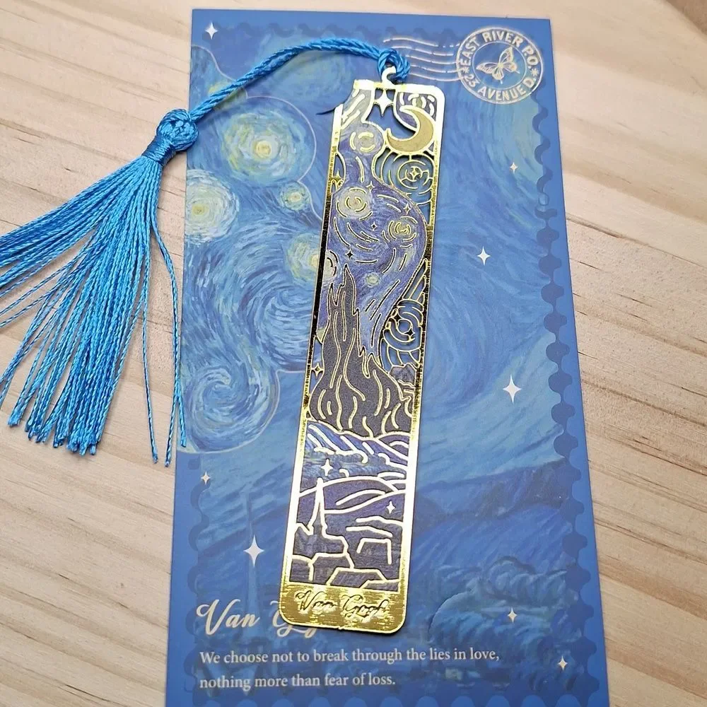 Gold Van Gogh Design Bookmark with Blue Tassel